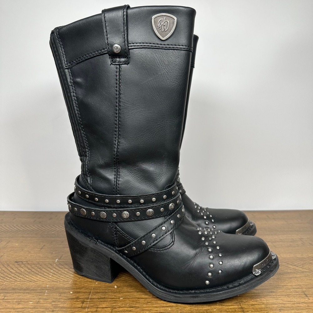 Harley-Davidson April Boots Womens 9 Black Leather Studded Harness Motorcycle